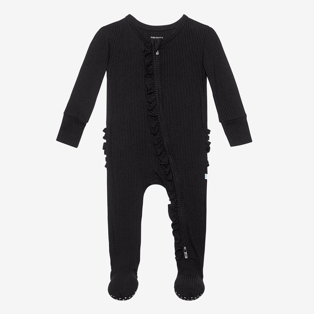 Posh Peanut Ruffled Footie Girls 0-3M Black Zippered Sleeper Pajamas Bamboo - Picture 7 of 9